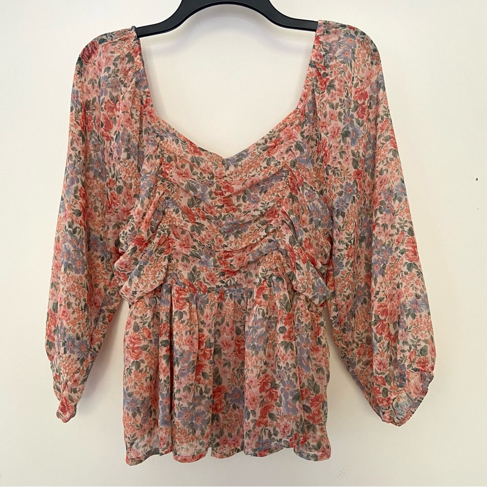 American Eagle Top Womens L Floral Sheer Puff Sleeve Ruffle Smocked Coquette EUC